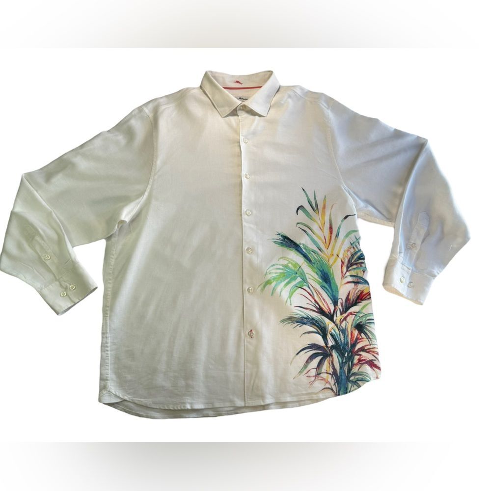 Tommy Bahama Casual Shirt Firework Fronds White Linen blend Size Large